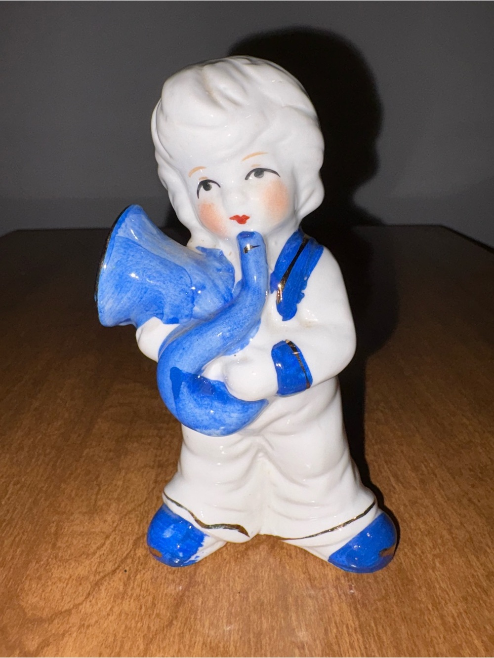 Vintage Blue and White Porcelain Boy Sailor Figurine Playing French Horn